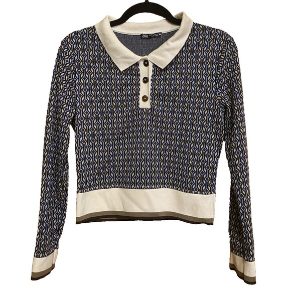 ZARA Women's Polo Black/ Blue Geometric Collared Button Shirt Size/ Medium - Picture 1 of 11